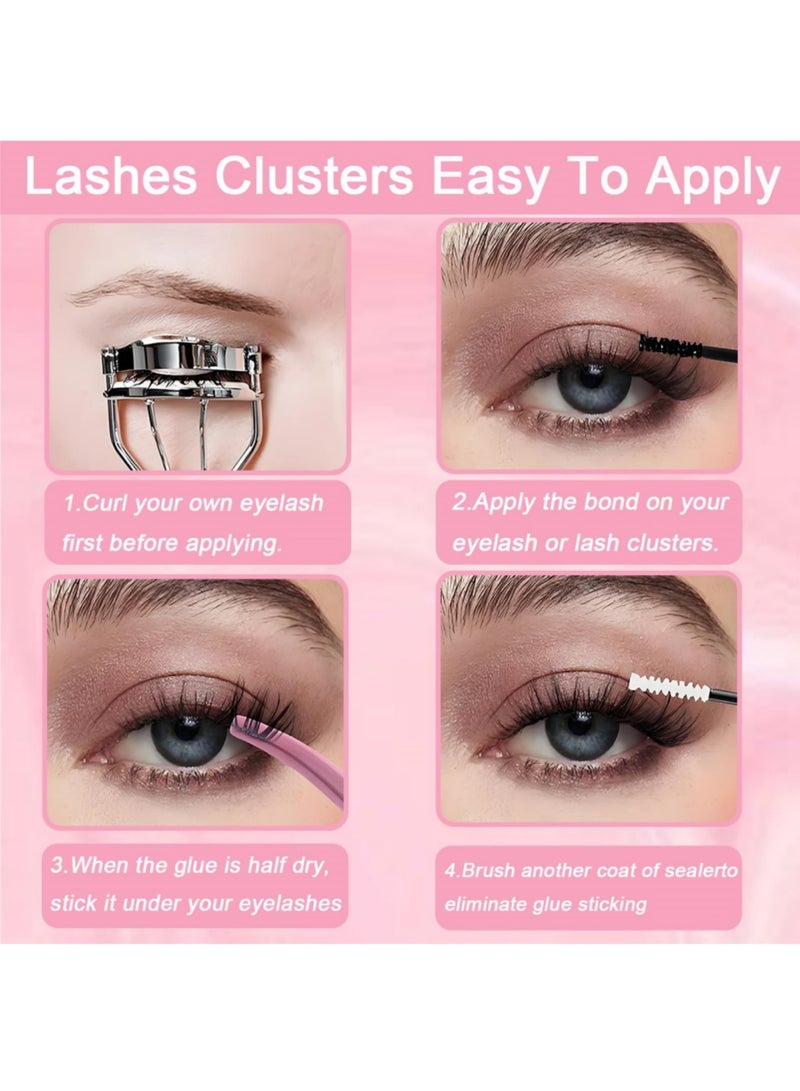 saykfoe Lash Clusters Kit, 640 Pcs Eyelashes Clusters Extensions Kit 9-16mm Individual Lashes D Curl Fluffy Wispy False Eyelashes Thin Band with Bond Seal Tweezers Brush DIY (30D+40D+50D+60D Kit 9-16mm) - Image 5